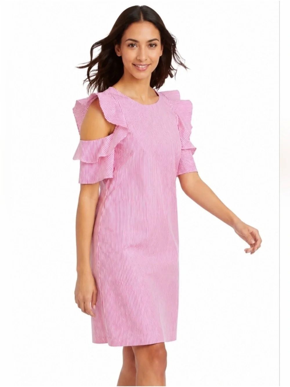 J. McLaughlin Juliette pink/white striped dress,ruffle cold shoulder sleeves , S